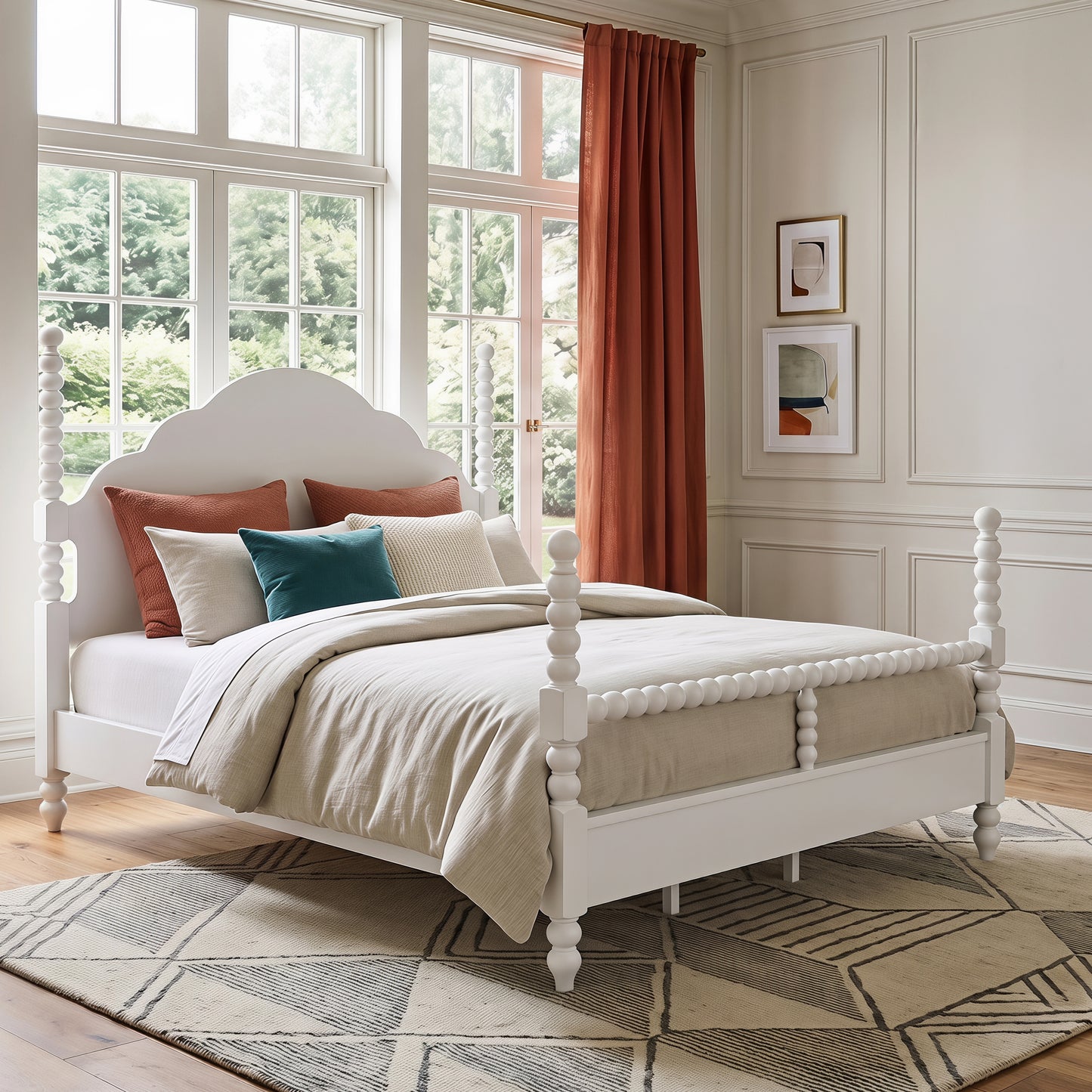 Roundhill Furniture Avellune Wood Poster Bed with  3 Interchangeable Post Heights, Scalloped Headboard, White Finish