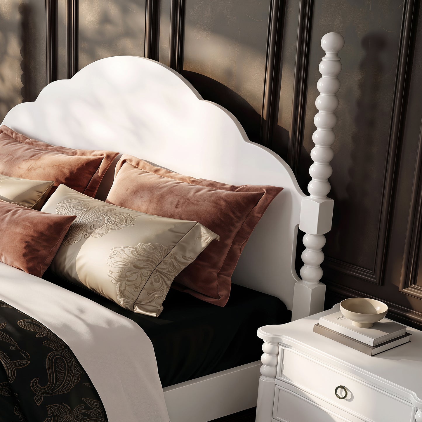 Roundhill Furniture Avellune Wood Poster Bed with  3 Interchangeable Post Heights, Scalloped Headboard, White Finish