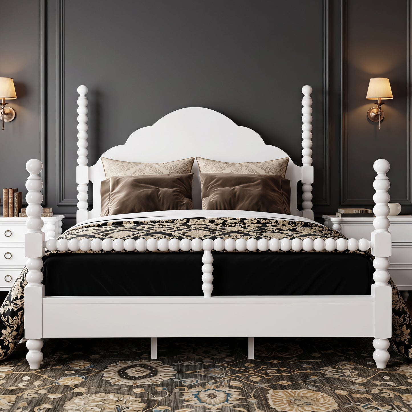 Roundhill Furniture Avellune Wood Poster Bed with  3 Interchangeable Post Heights, Scalloped Headboard, White Finish