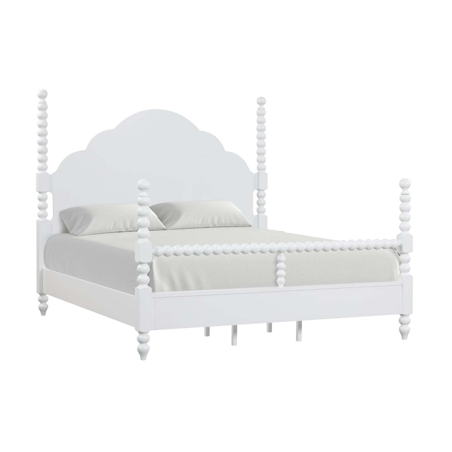 Roundhill Furniture Avellune Wood Poster Bed with  3 Interchangeable Post Heights, Scalloped Headboard, White Finish