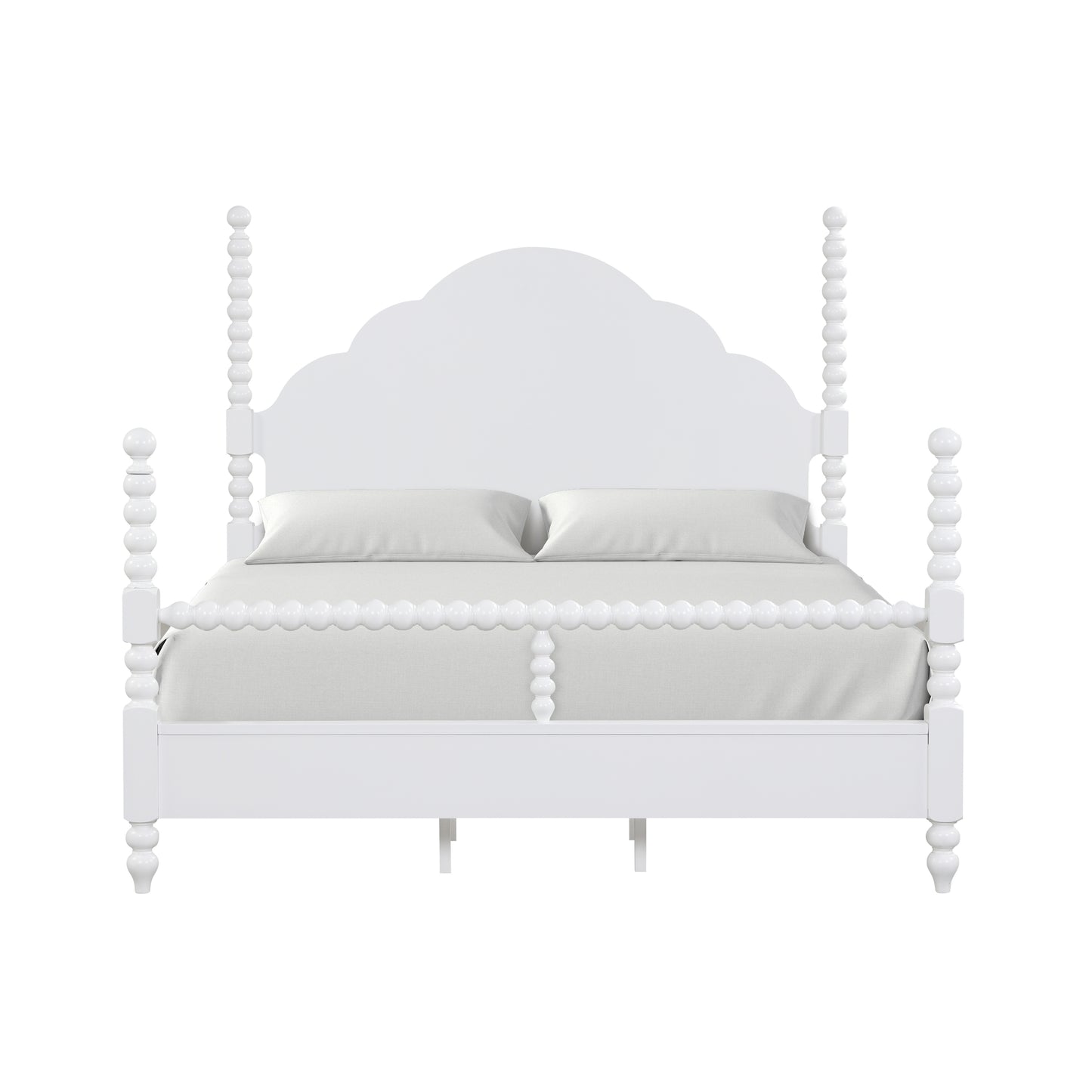 Roundhill Furniture Avellune Wood Poster Bed with  3 Interchangeable Post Heights, Scalloped Headboard, White Finish