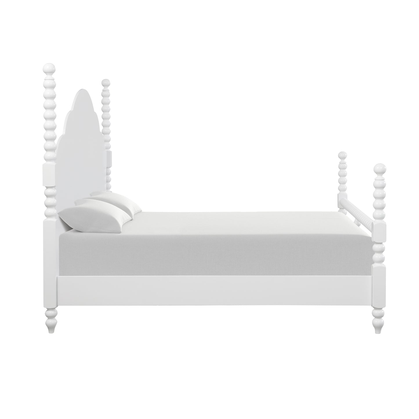 Roundhill Furniture Avellune Wood Poster Bed with  3 Interchangeable Post Heights, Scalloped Headboard, White Finish