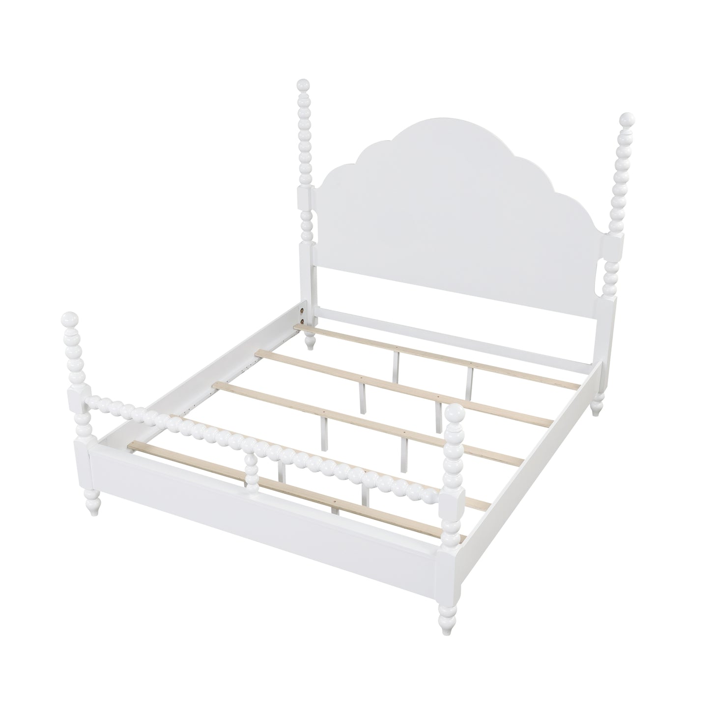 Roundhill Furniture Avellune Wood Poster Bed with  3 Interchangeable Post Heights, Scalloped Headboard, White Finish