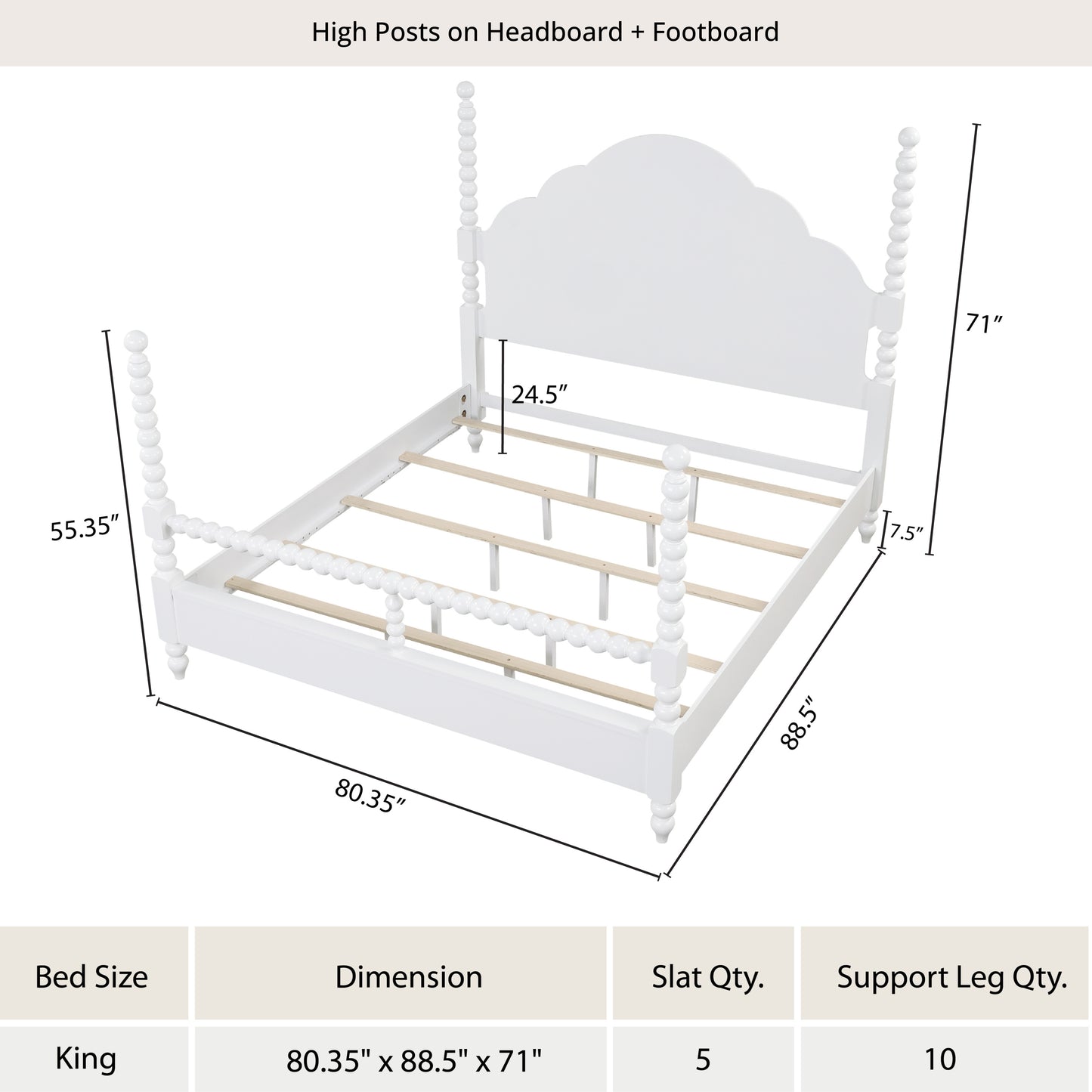 Roundhill Furniture Avellune Wood Poster Bed with  3 Interchangeable Post Heights, Scalloped Headboard, White Finish