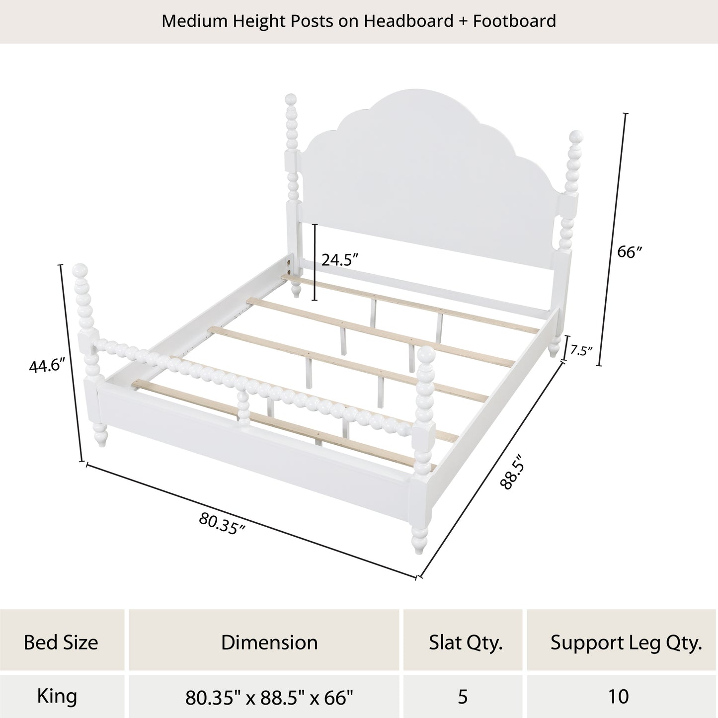 Roundhill Furniture Avellune Wood Poster Bed with  3 Interchangeable Post Heights, Scalloped Headboard, White Finish