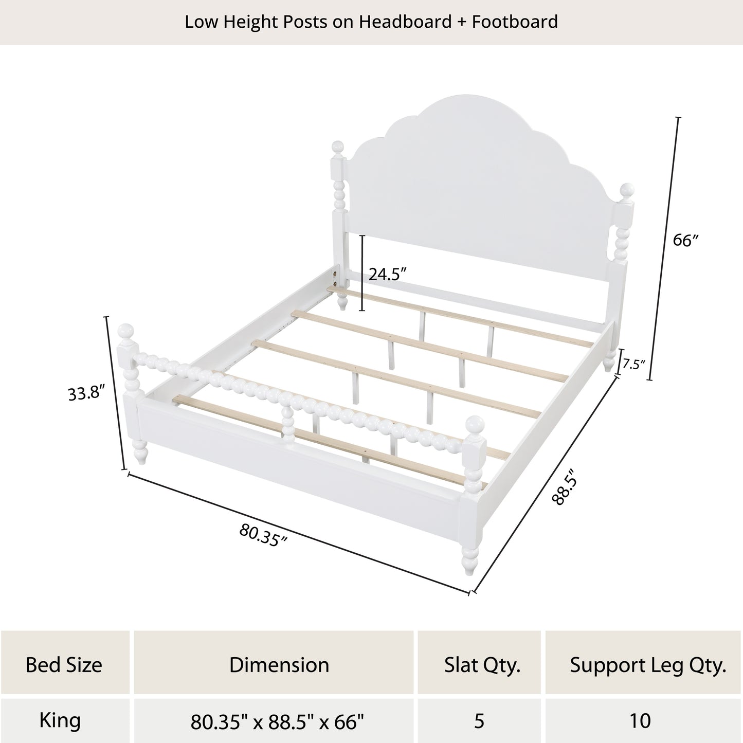 Roundhill Furniture Avellune Wood Poster Bed with  3 Interchangeable Post Heights, Scalloped Headboard, White Finish