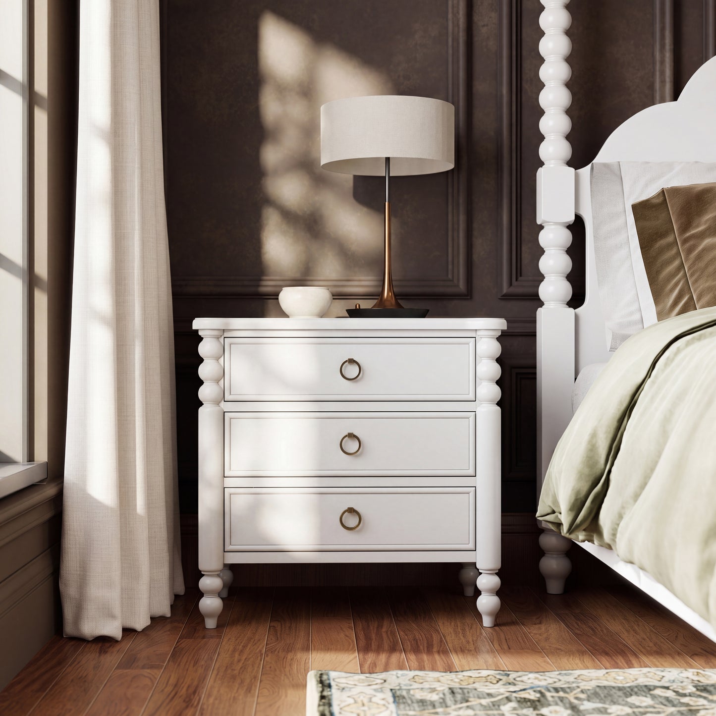 Roundhill Furniture Avellune 3-Drawer Nightstand, White Finish