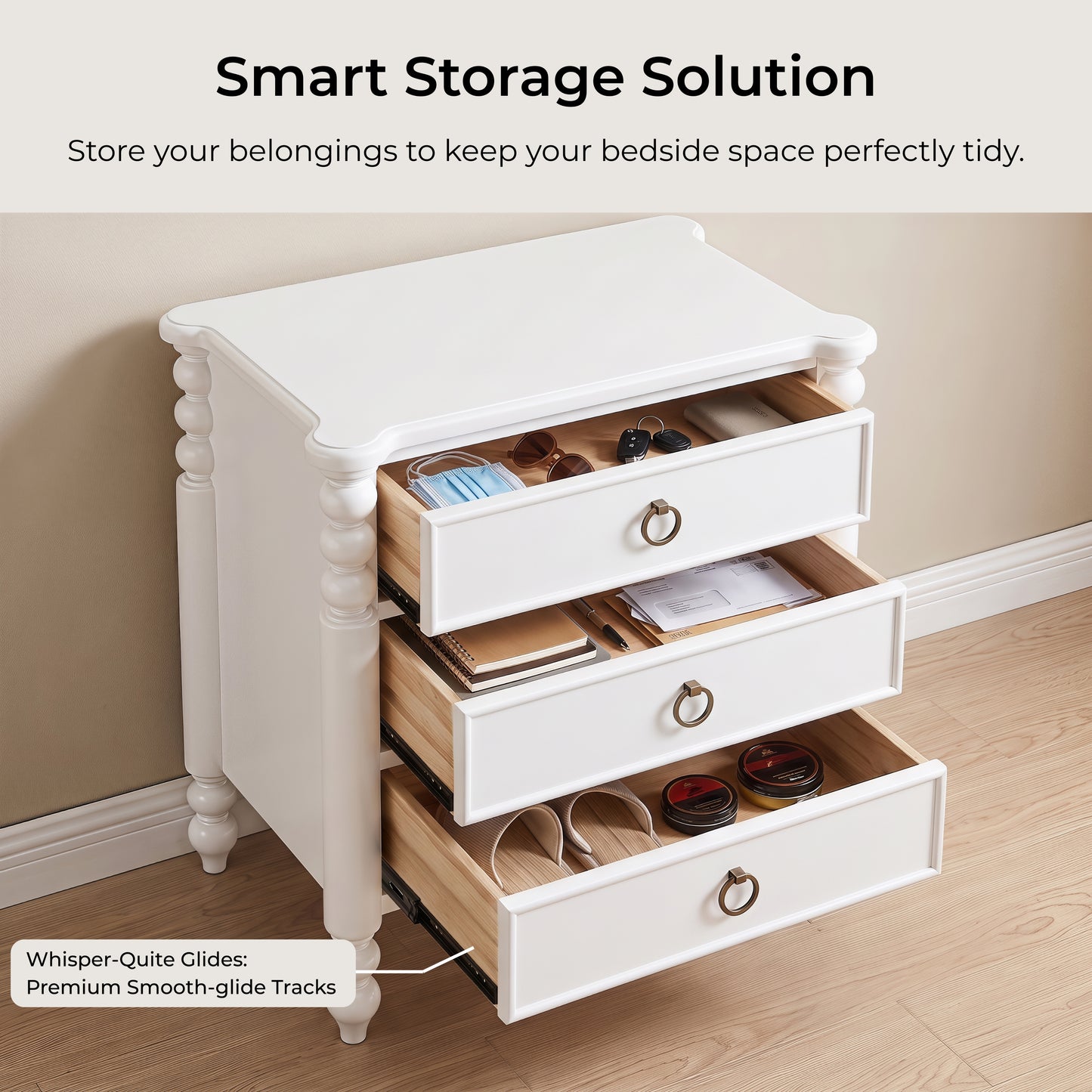 Roundhill Furniture Avellune 3-Drawer Nightstand, White Finish