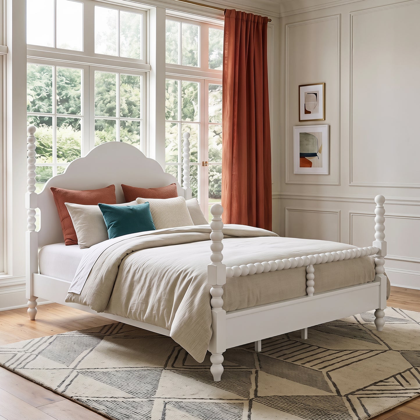 Roundhill Furniture Avellune Wood Poster Bed with  3 Interchangeable Post Heights, Scalloped Headboard, White Finish