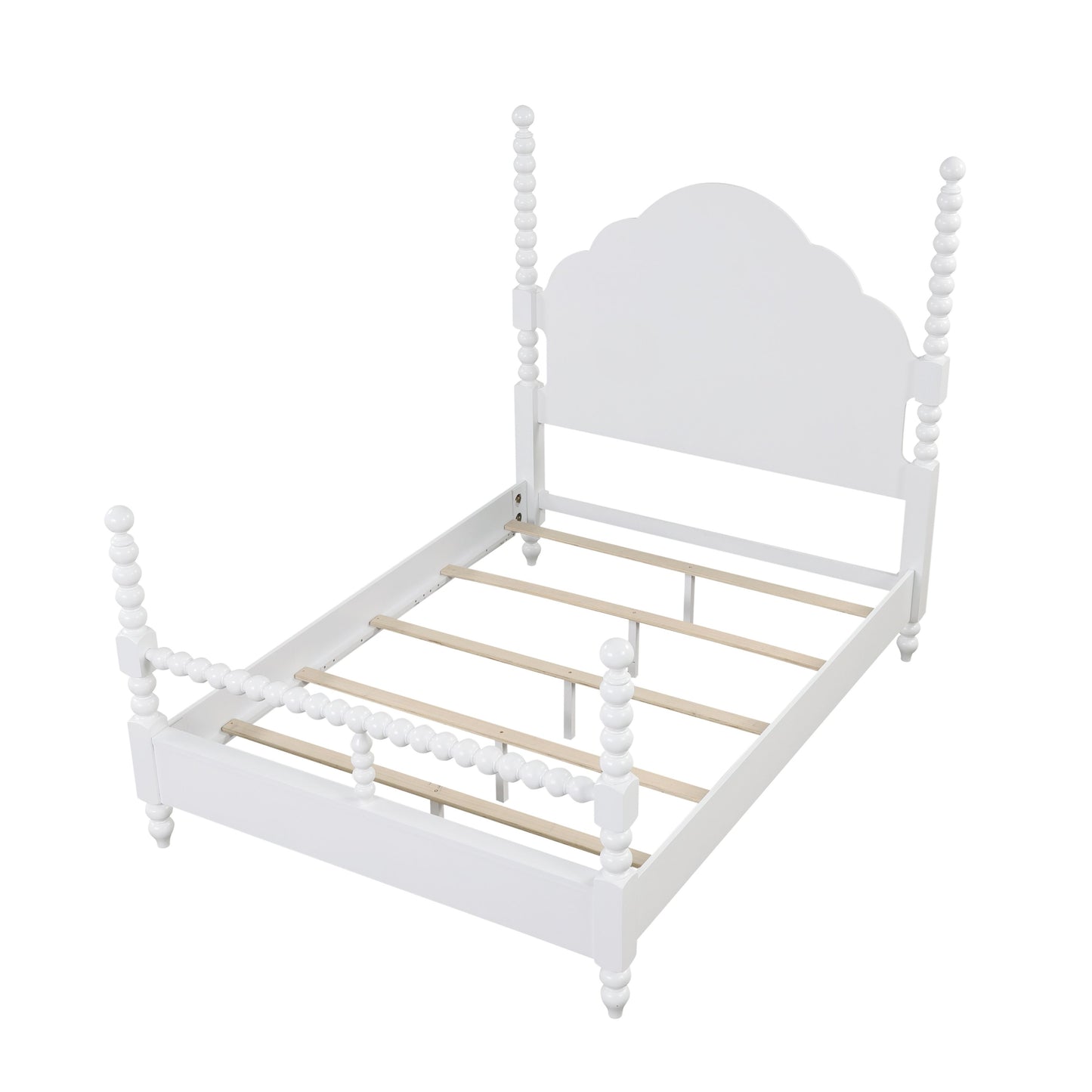 Roundhill Furniture Avellune Wood Poster Bed with  3 Interchangeable Post Heights, Scalloped Headboard, White Finish