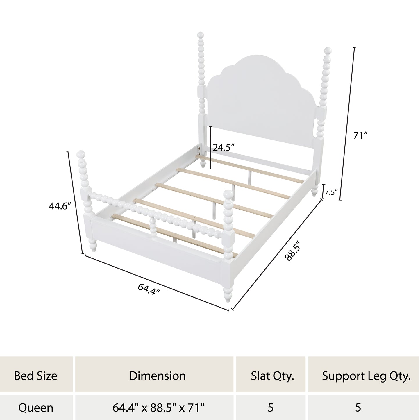 Roundhill Furniture Avellune Wood Poster Bed with  3 Interchangeable Post Heights, Scalloped Headboard, White Finish
