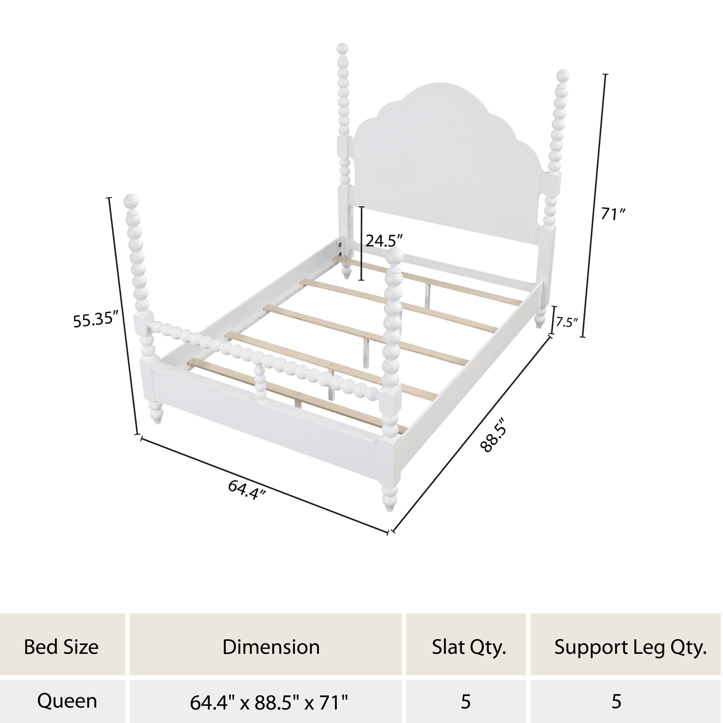 Roundhill Furniture Avellune Wood Poster Bed with  3 Interchangeable Post Heights, Scalloped Headboard, White Finish