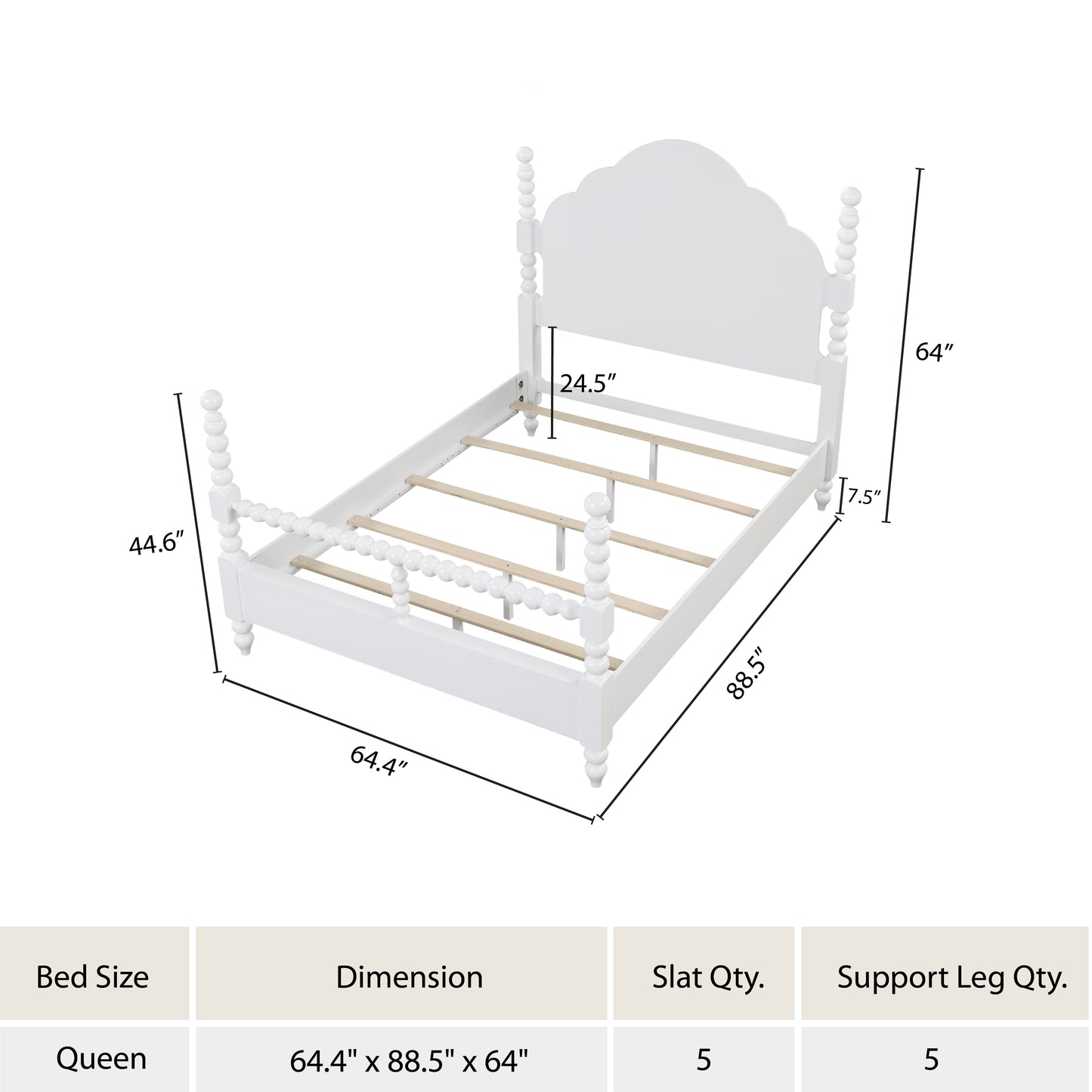 Roundhill Furniture Avellune Wood Poster Bed with  3 Interchangeable Post Heights, Scalloped Headboard, White Finish