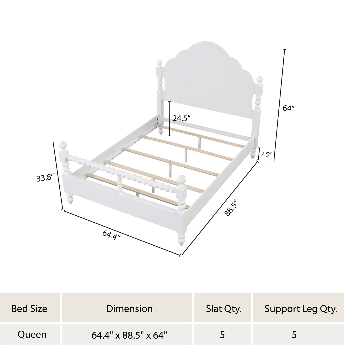 Roundhill Furniture Avellune Wood Poster Bed with  3 Interchangeable Post Heights, Scalloped Headboard, White Finish