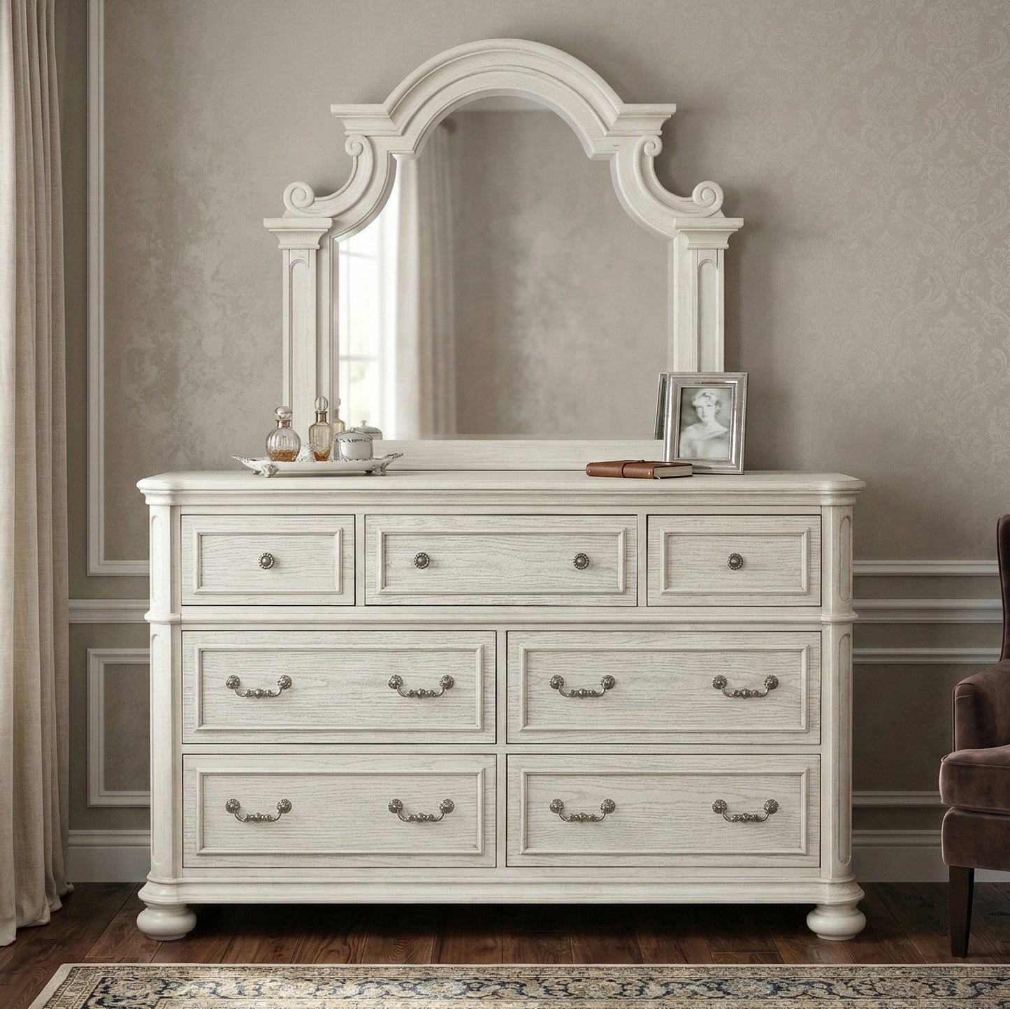 Roundhill Furniture Nelson 7-Drawer Bedroom Dresser with Mirror, Antique White