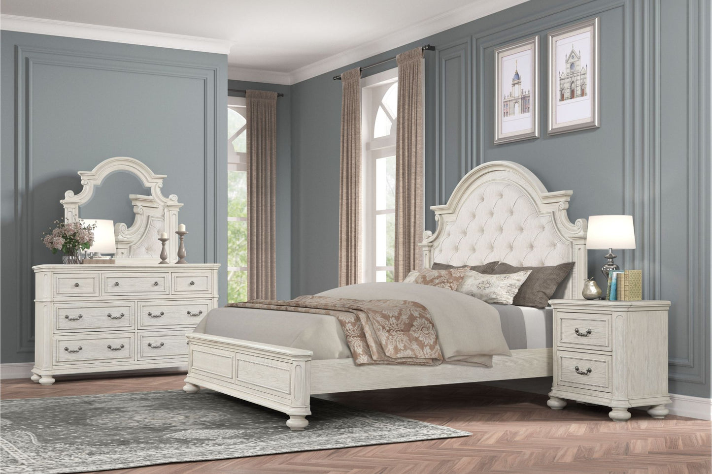 Roundhill Furniture Nelson French Traditional 4-Piece Bedroom Set, Antique White