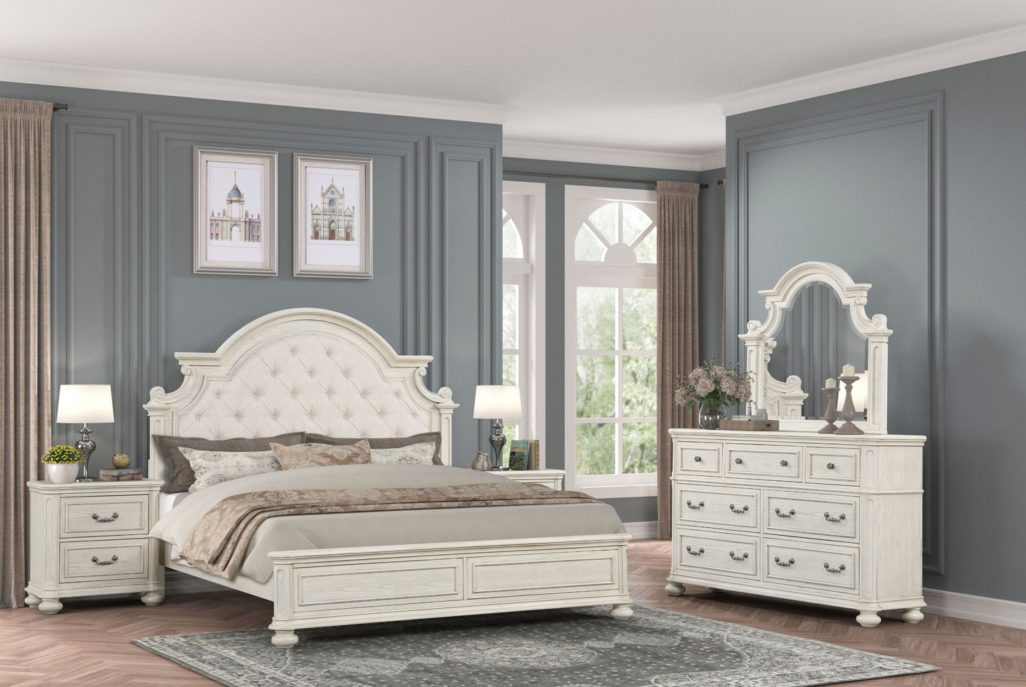 Roundhill Furniture Nelson French Traditional 5-Piece Bedroom Set, Antique White