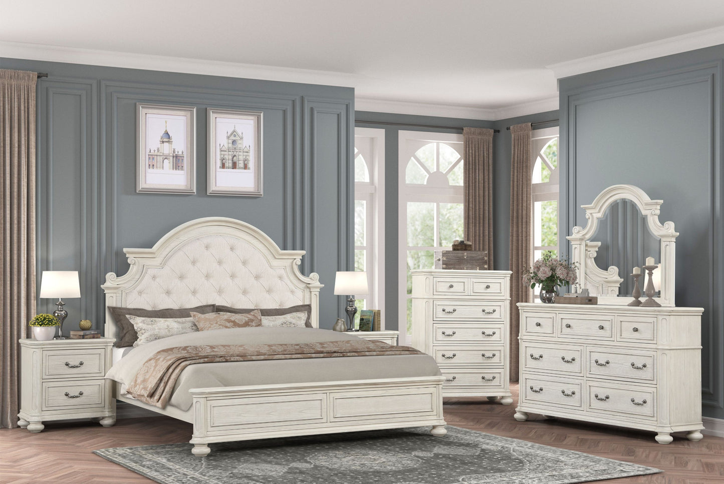 Roundhill Furniture Nelson French Traditional 6-Piece Bedroom Set, Antique White