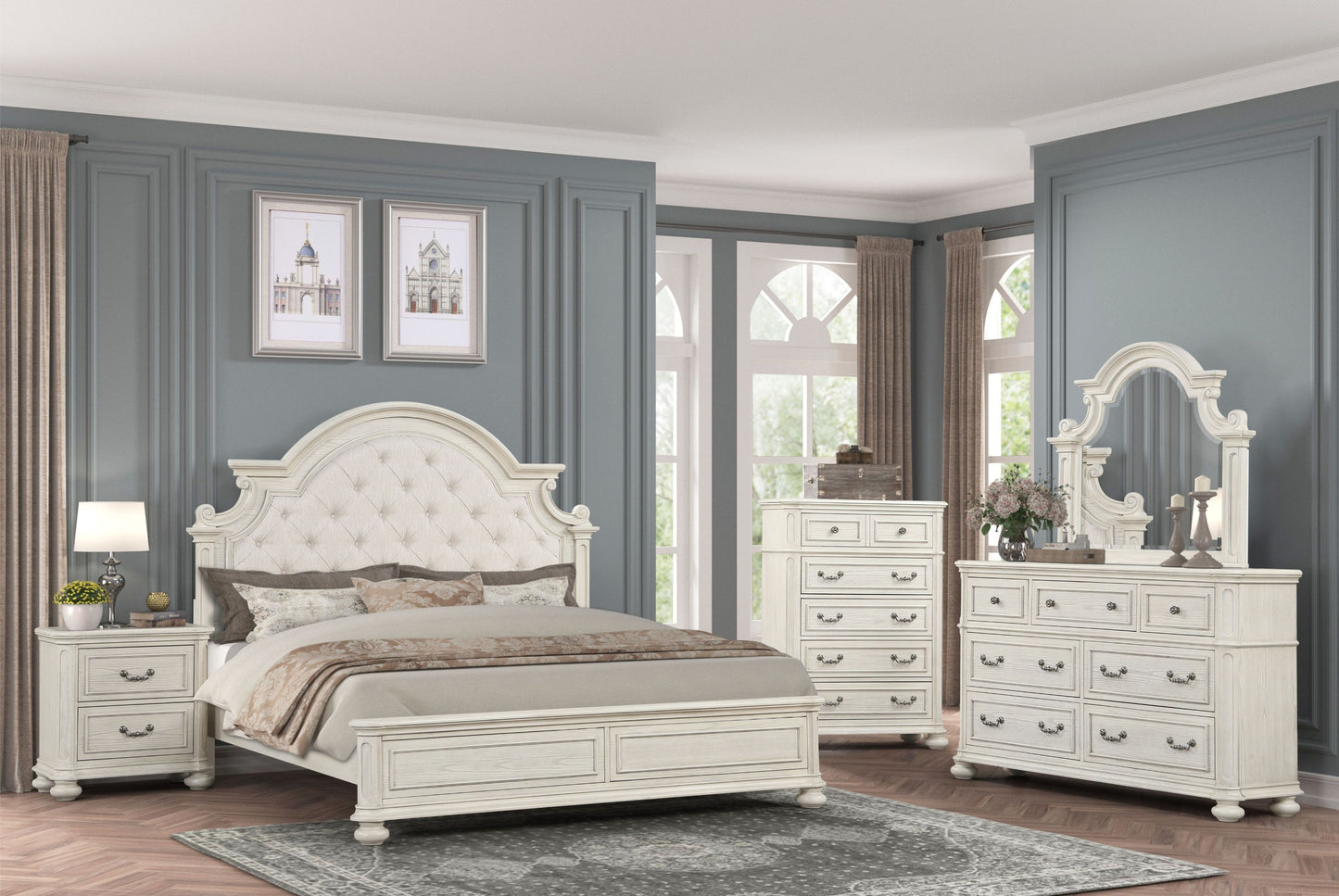 Roundhill Furniture Nelson French Traditional 5-Piece Bedroom Set, Antique White