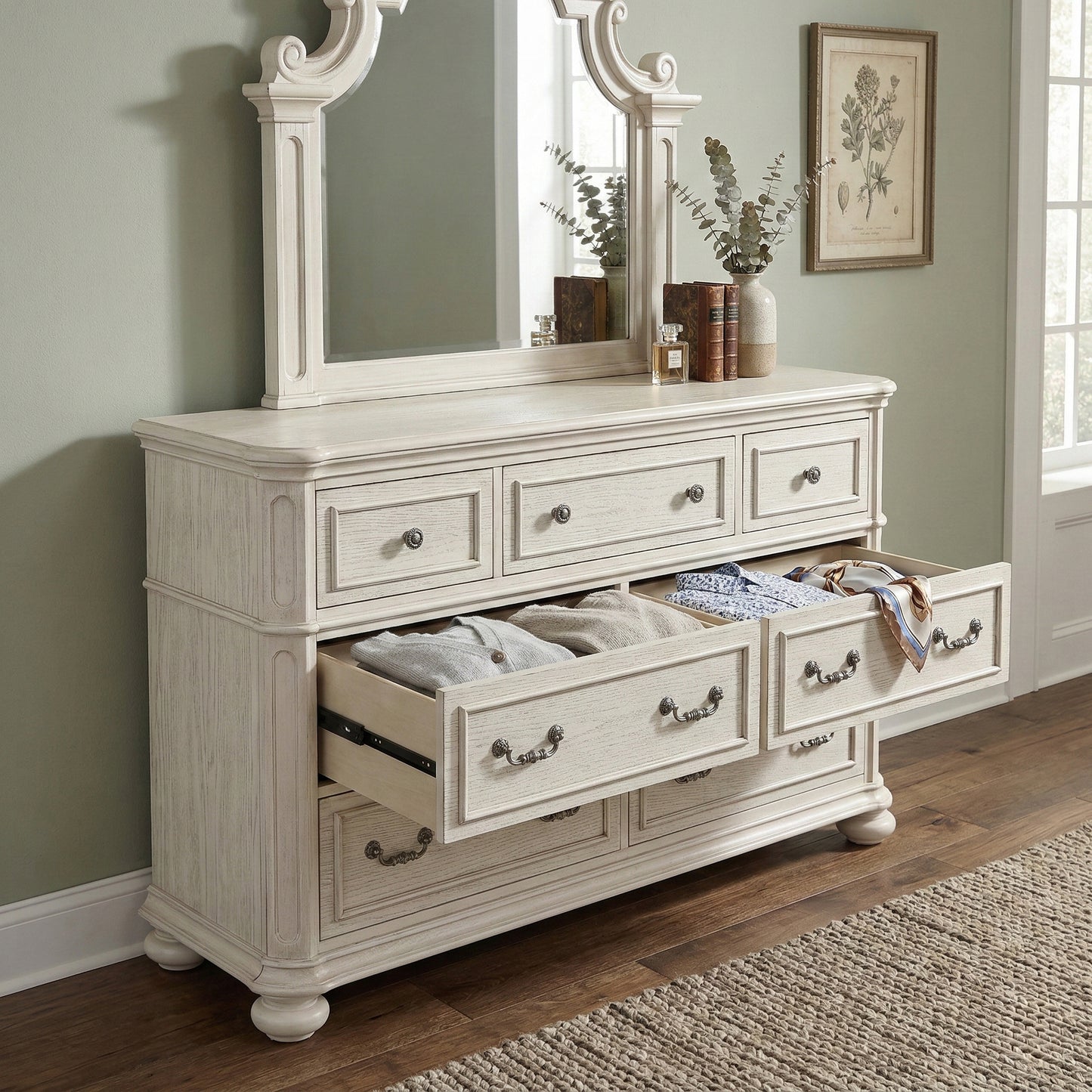Roundhill Furniture Nelson French Traditional 4-Piece Bedroom Set, Antique White