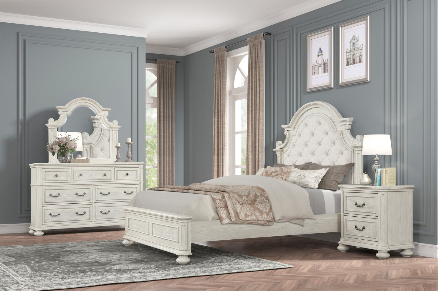 Roundhill Furniture Nelson French Traditional 4-Piece Bedroom Set, Antique White