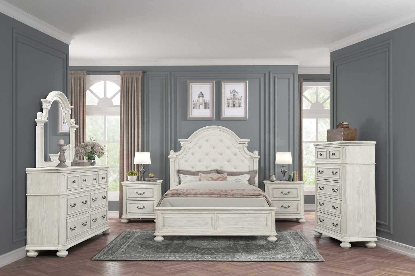 Roundhill Furniture Nelson French Traditional 6-Piece Bedroom Set, Antique White