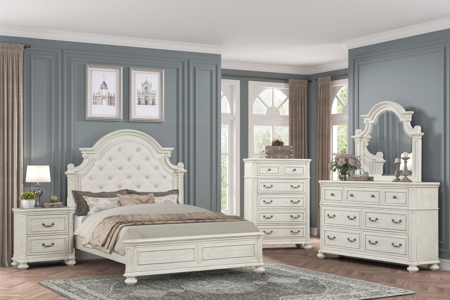 Roundhill Furniture Nelson French Traditional 5-Piece Bedroom Set, Antique White