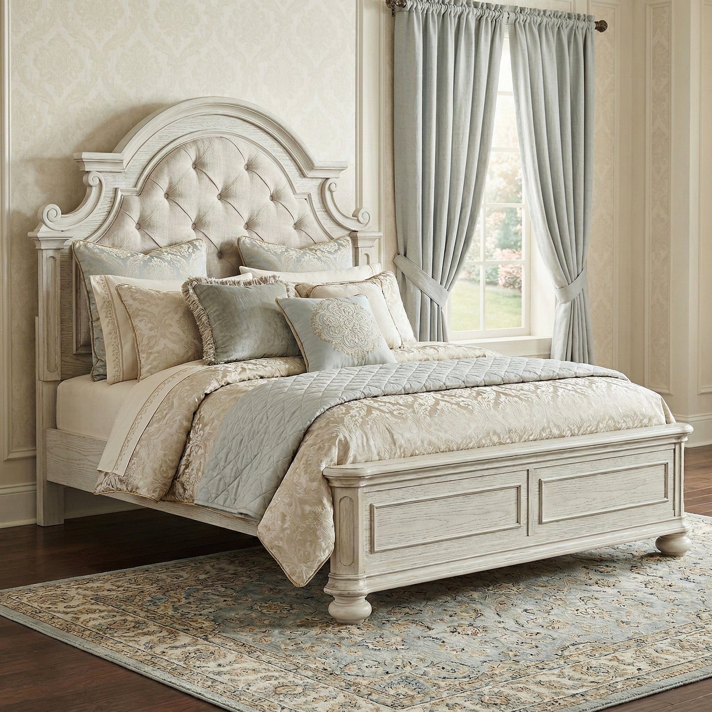 Roundhill Furniture Nelson French Traditional Tufted Upholstery Bed, Antique White