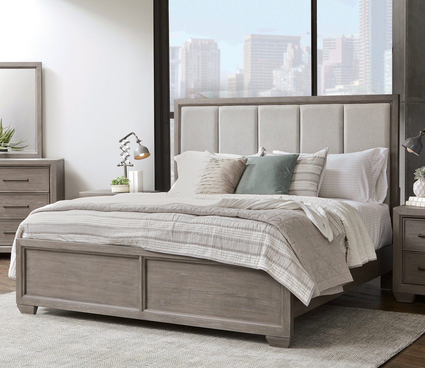 Ennesley Wood Upholstered Panel Bed Frame, Gray