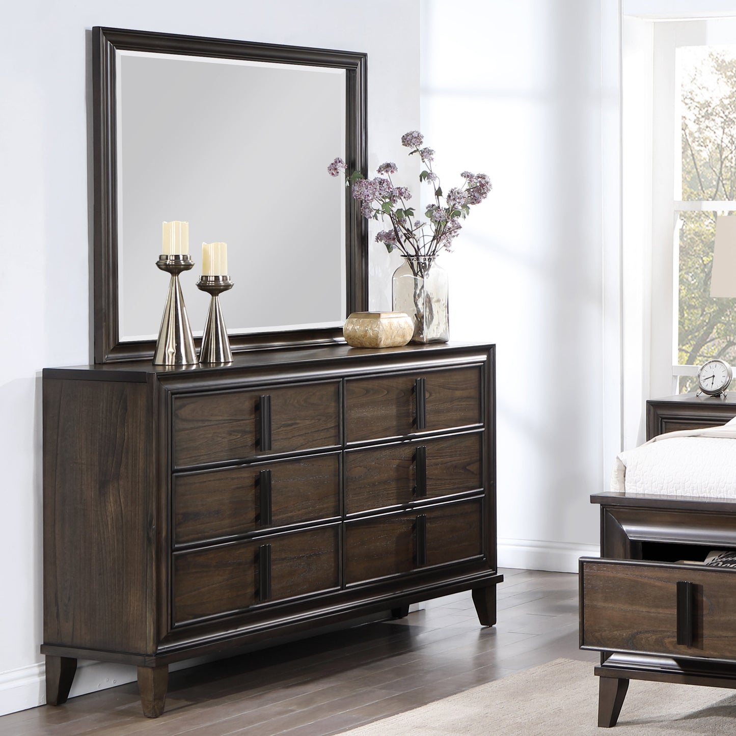 Aetheria Contemporary Wood 6 -Drawer Dresser with Mirror in Dark Brown