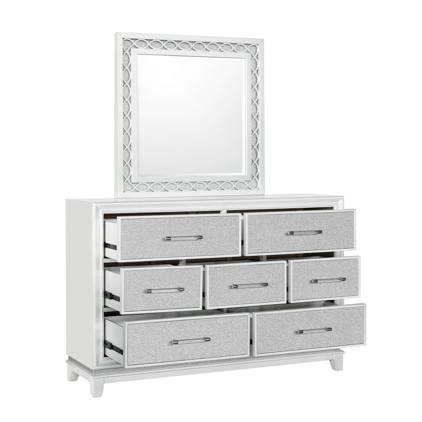 Galaxy 7-Drawer Bedroom Dresser with Mirror, With LED Lights, Pearlized White