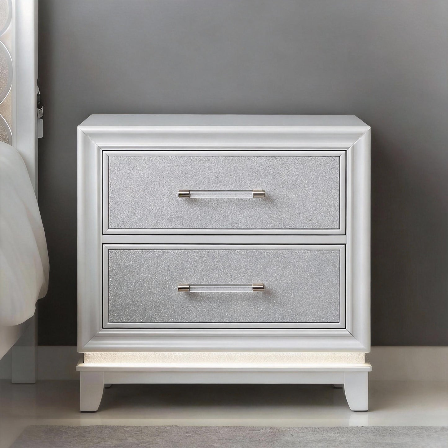 Galaxy 2-Drawer Bedroom Nightstand with LED Lights, Pearlized White