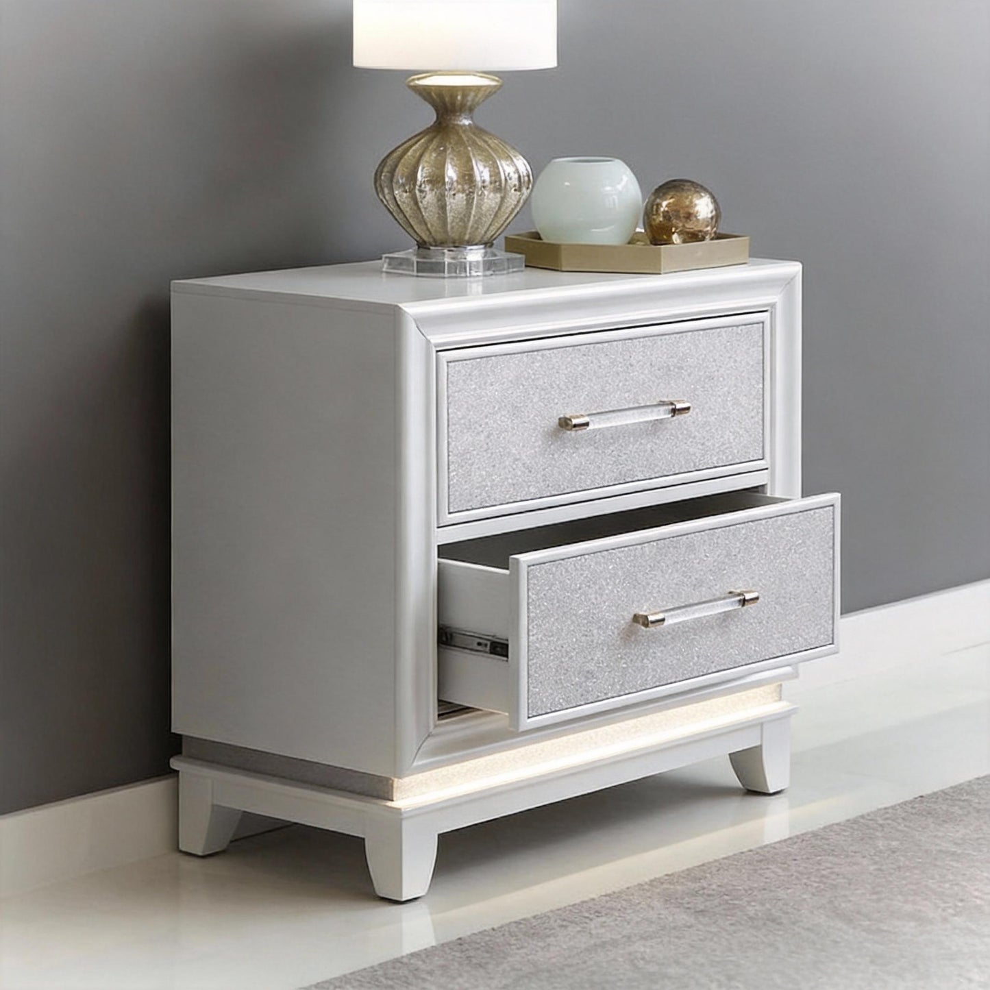 Galaxy 2-Drawer Bedroom Nightstand with LED Lights, Pearlized White