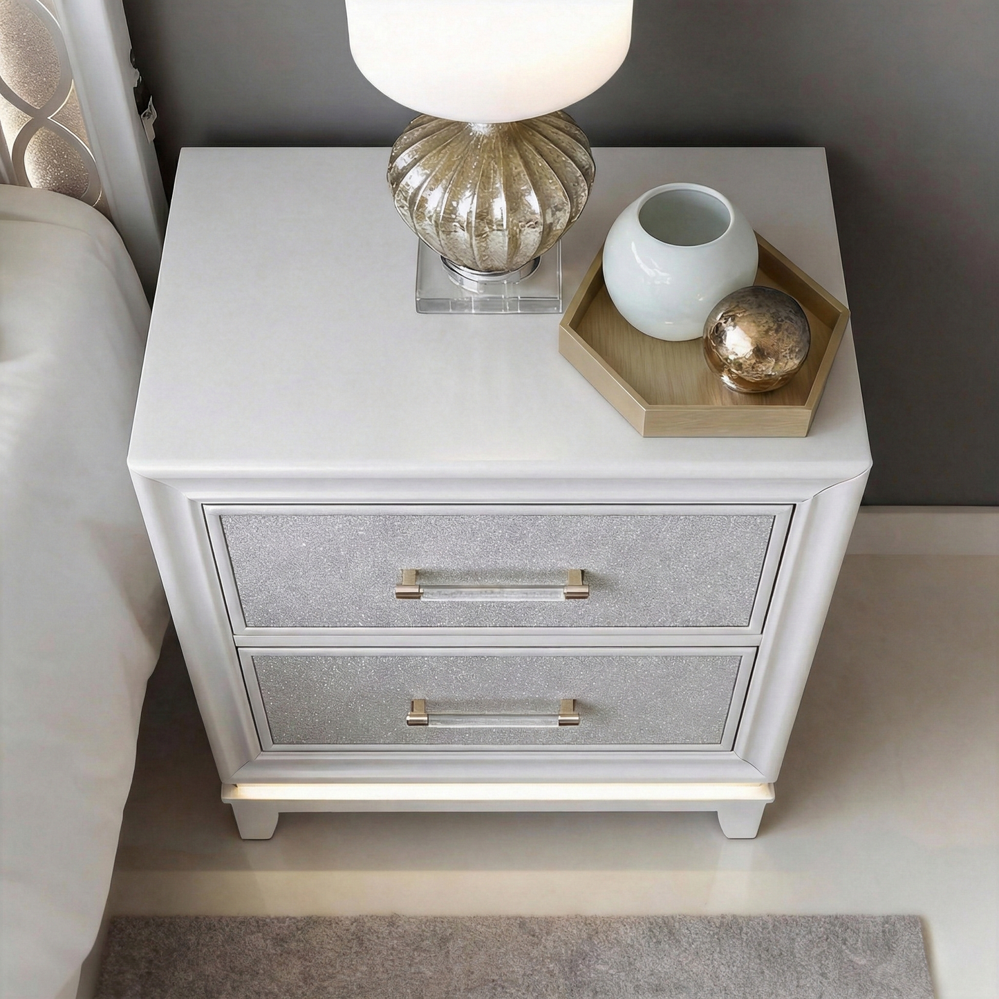 Galaxy 2-Drawer Bedroom Nightstand with LED Lights, Pearlized White