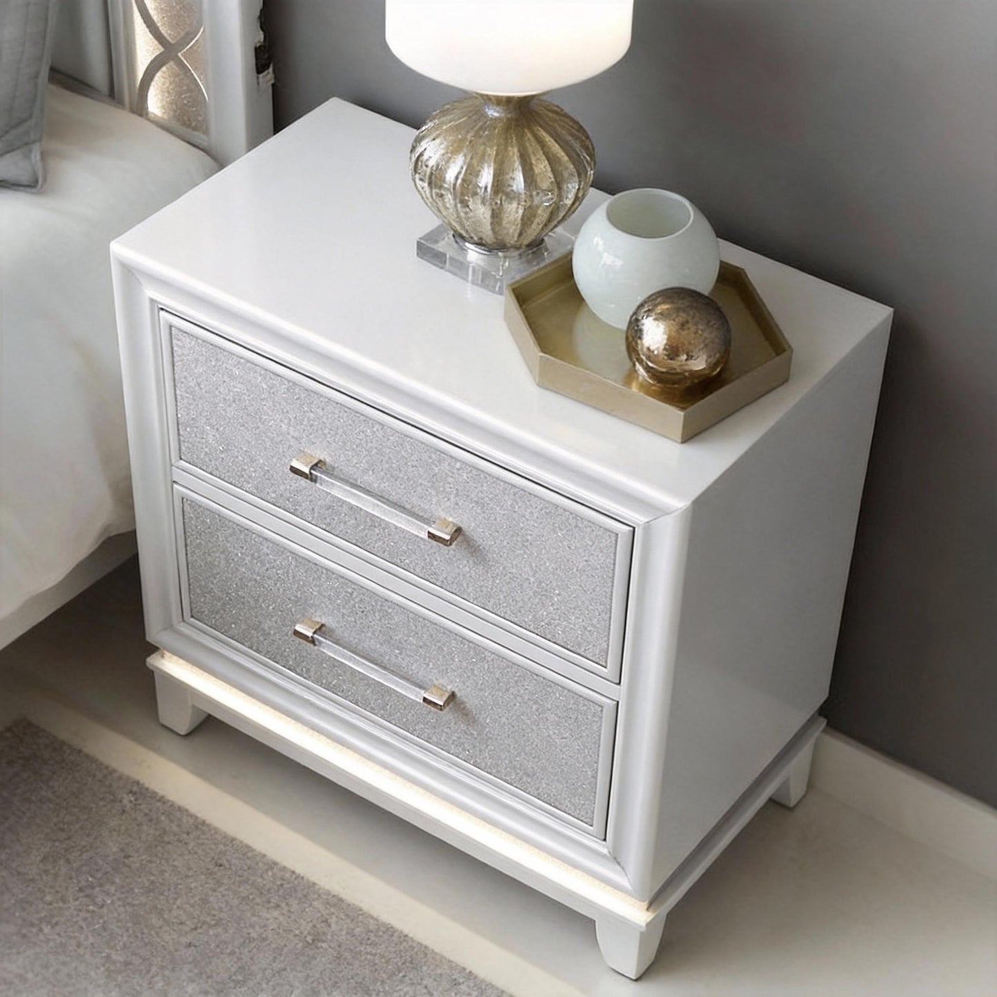 Galaxy 2-Drawer Bedroom Nightstand with LED Lights, Pearlized White