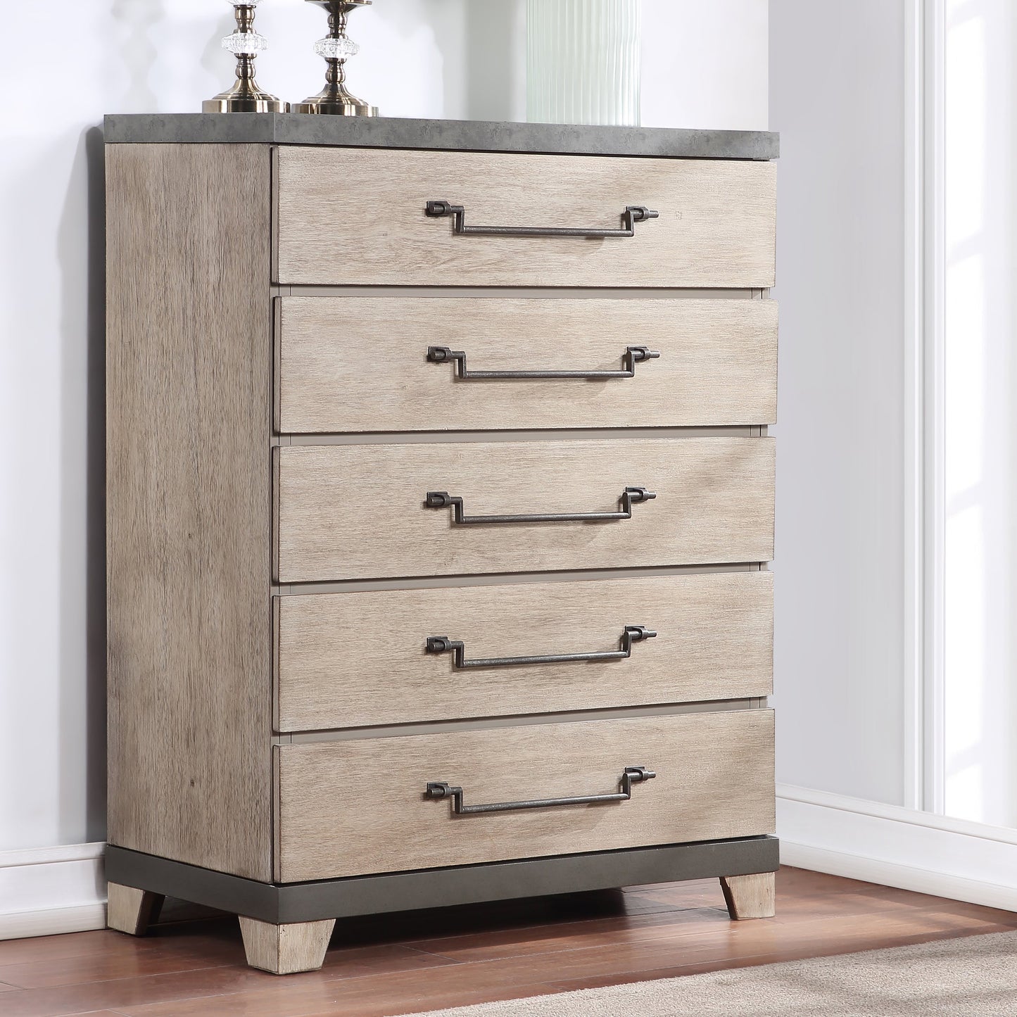 Arbela Wood 5-Drawer Chest, Weathered Oak Finish