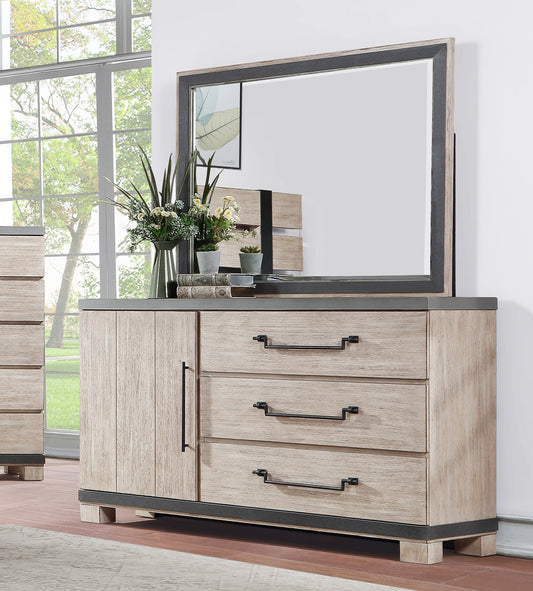 Arbela Wood 3-Drawer Combo Dresser with Mirror, Weathered Oak Finish