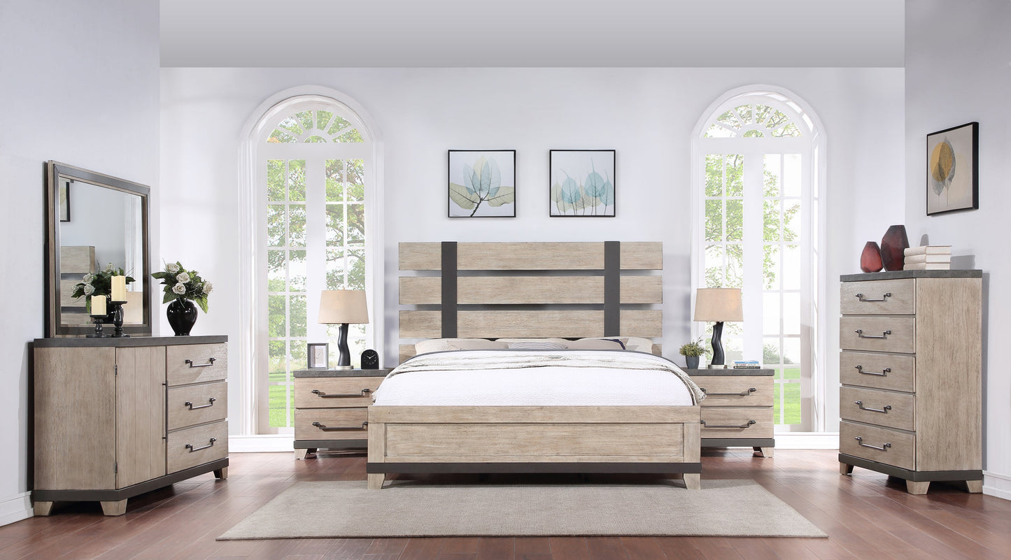 Arbela Wood Slatted Panel Bedroom Collection, Weathered Oak Finish