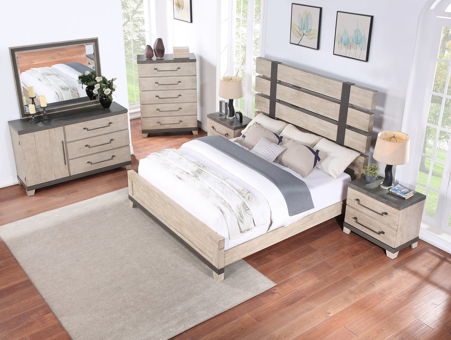 Arbela Wood Slatted Panel Bedroom Collection, Weathered Oak Finish