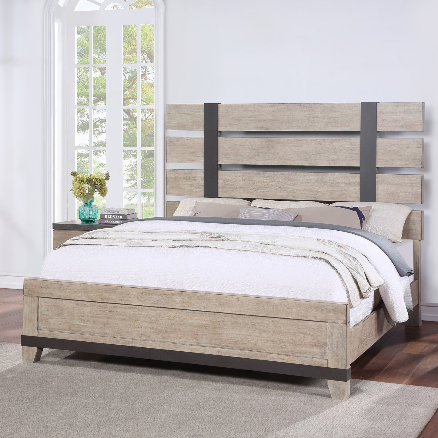 Arbela Wood Slatted Panel Bedroom Collection, Weathered Oak Finish