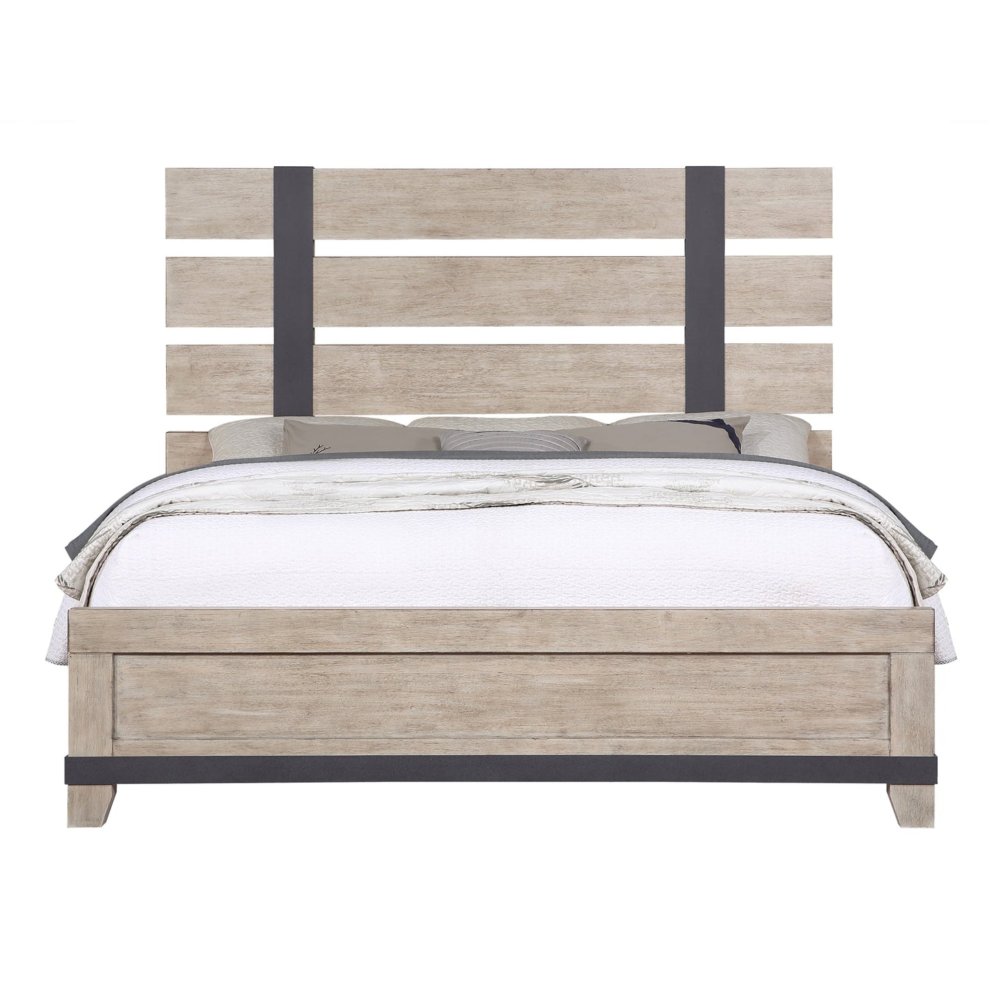 Arbela Wood Slatted Panel Bed, Weathered Oak Finish