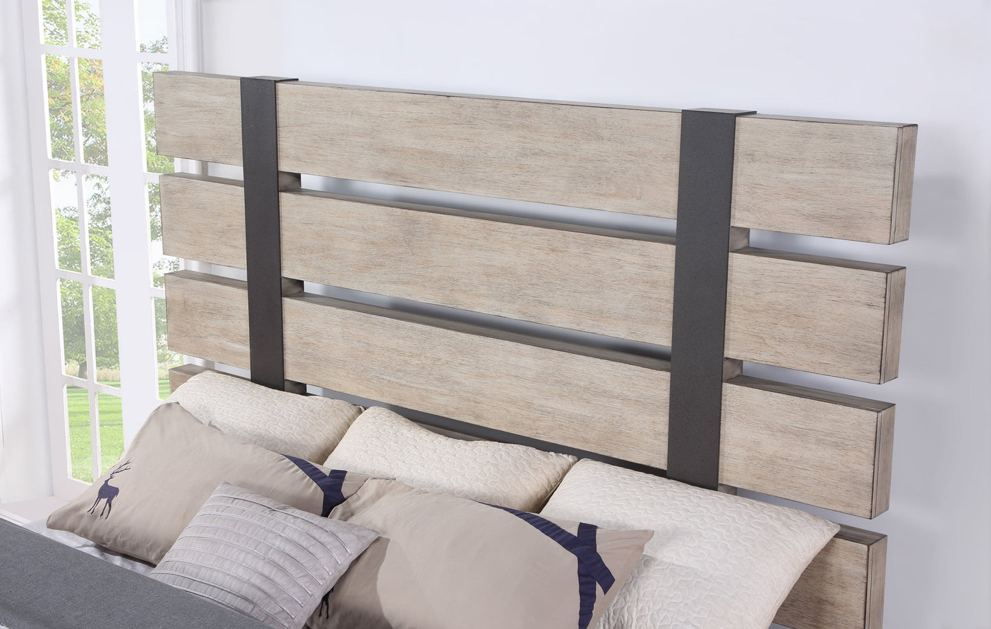 Arbela Wood Slatted Panel Bed, Weathered Oak Finish