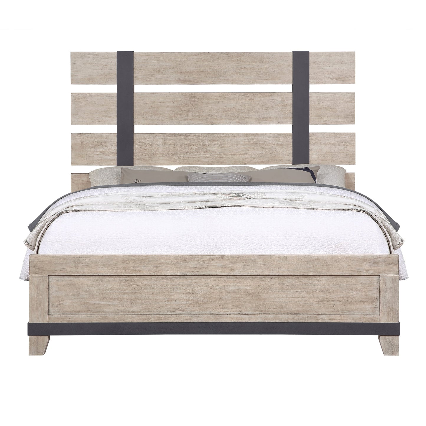 Arbela Wood Slatted Panel Bed, Weathered Oak Finish