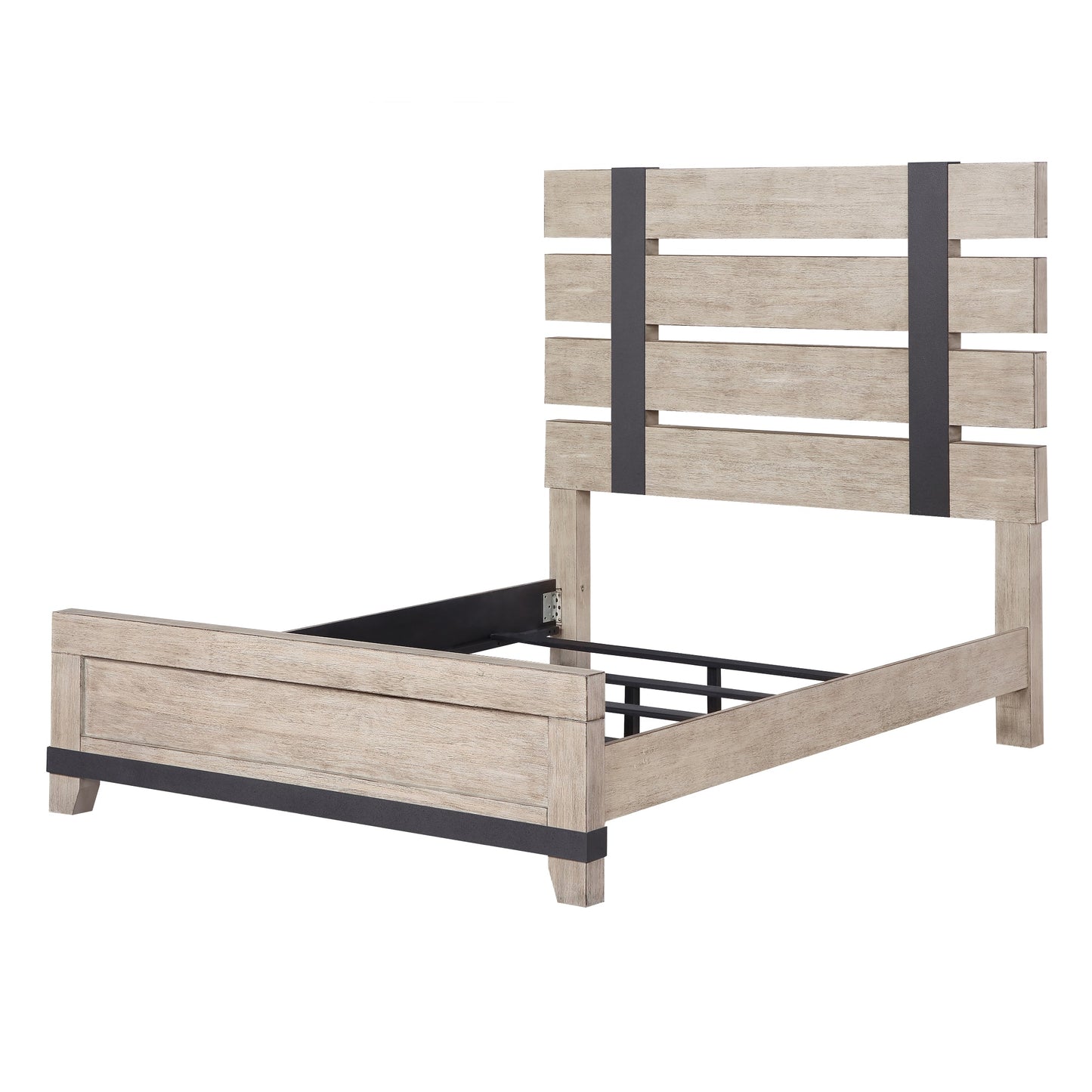 Arbela Wood Slatted Panel Bed, Weathered Oak Finish