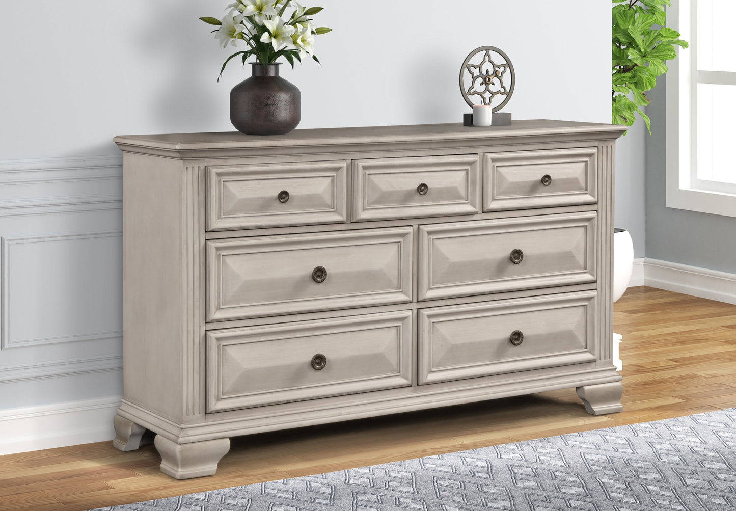 Renova Distressed Parchment 7-Drawer Dresser with Mirror