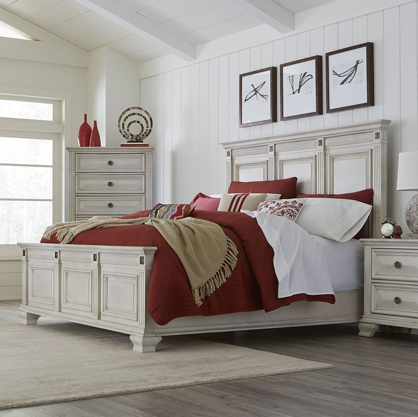 Renova Distressed Parchment Wood Panel Bed