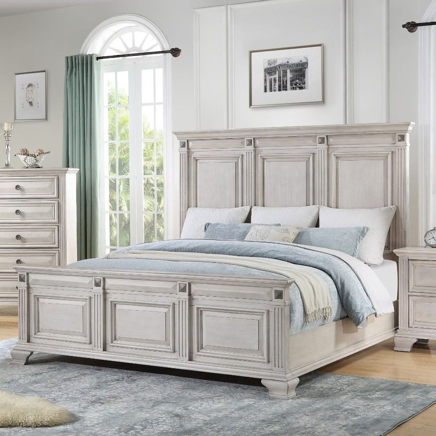 Renova Distressed Parchment Wood Panel Bed