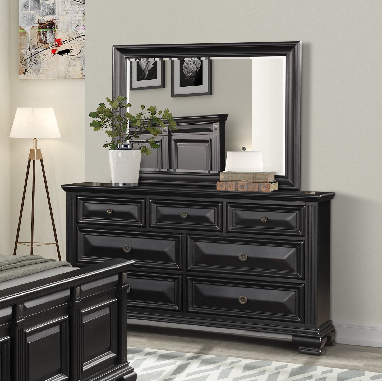 Renova Vintage Black 7-Drawer Dresser with Mirror