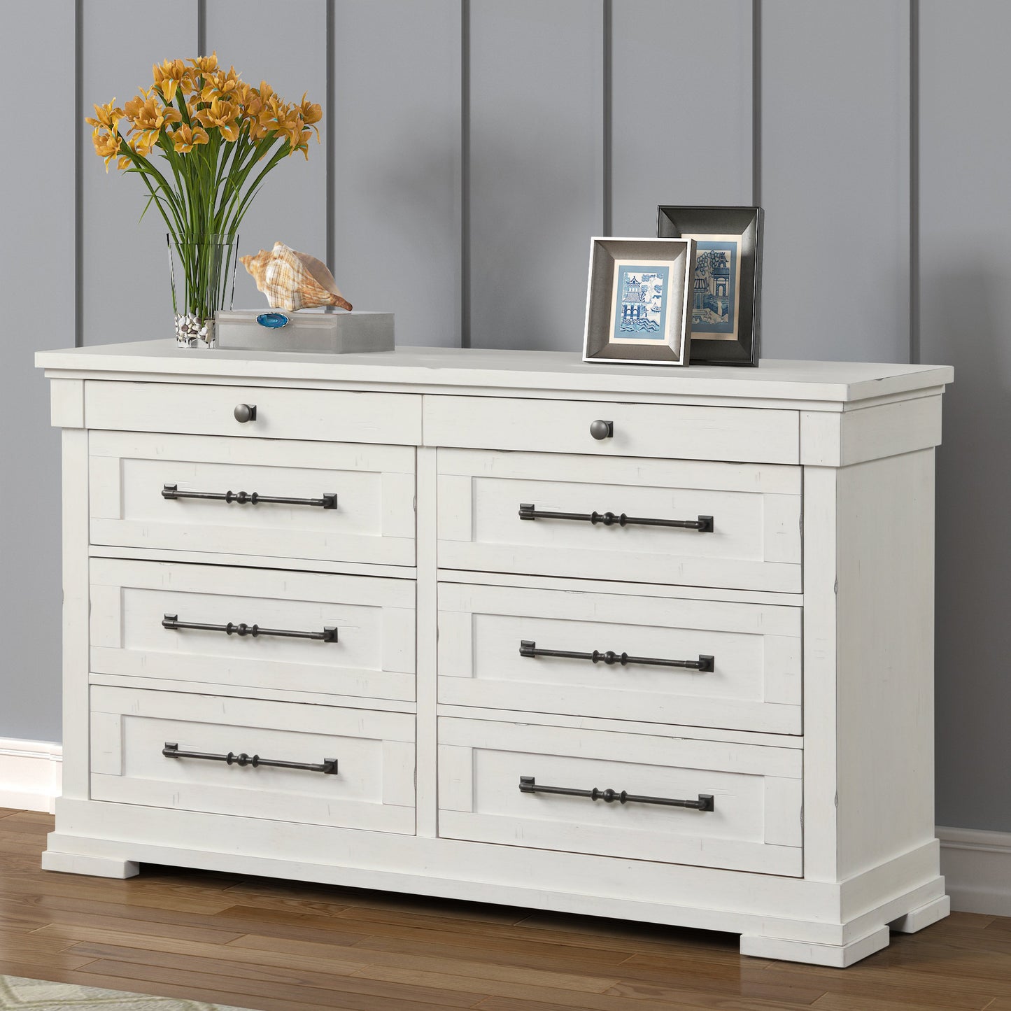 Laria Antique White Finish Wood 8-Drawer Dresser with Mirror