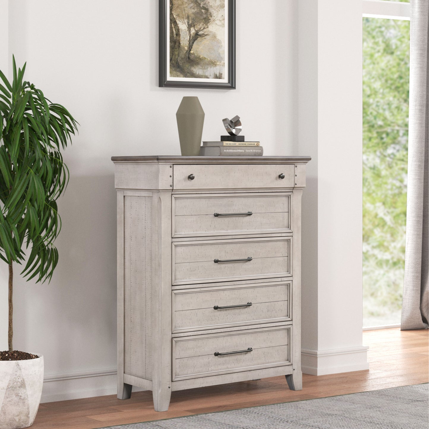 Walcott Bedroom Collection with Touch LED Lighting, Weathered Dusty-taupe Finish